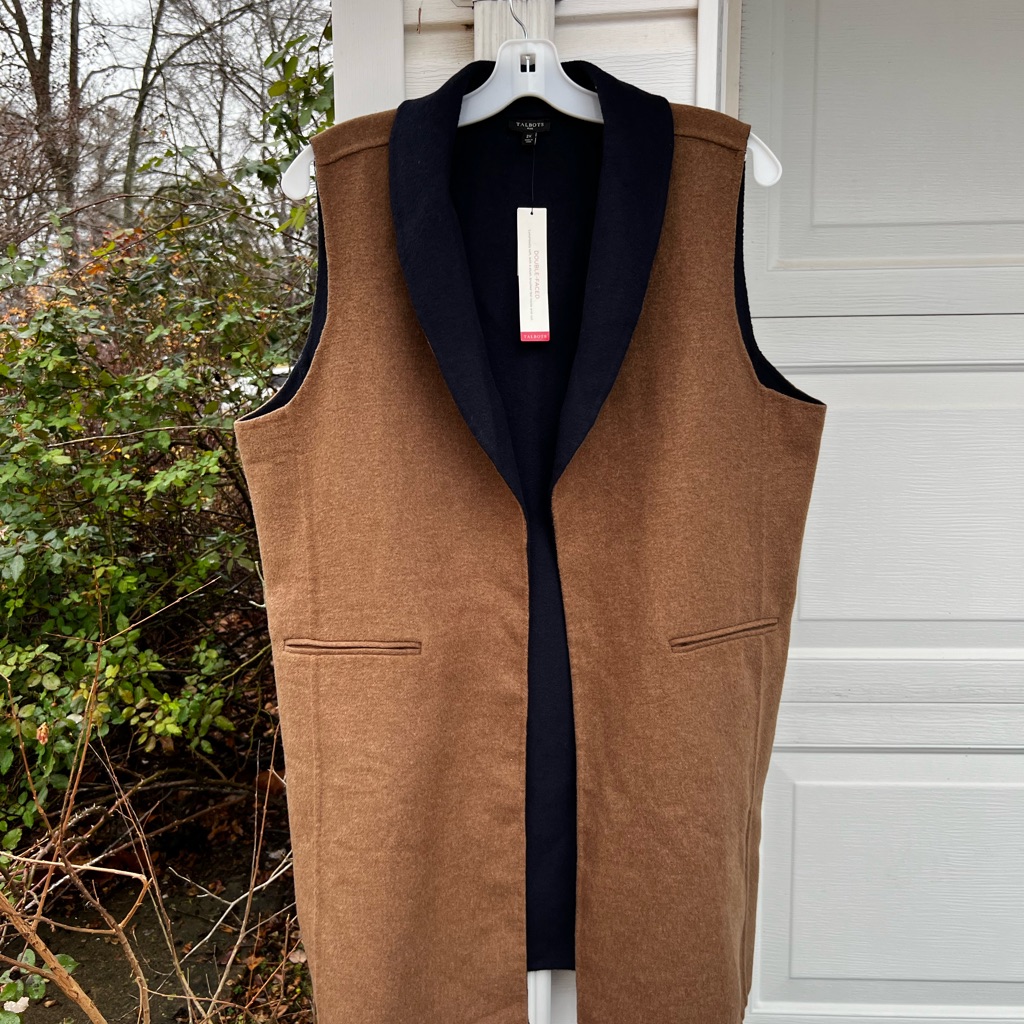 Nwt Talbots Gorgeous Tan Navy Shawl Neck Double Faced Flannel Vest Pockets